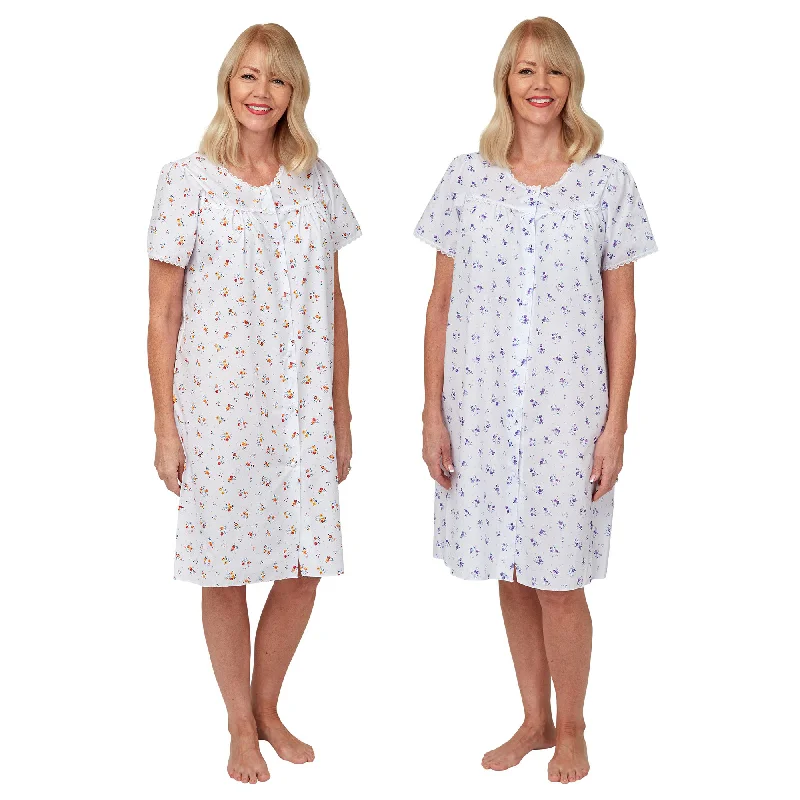 women's pajamas with elastic waistbandsFull Button Front Short Sleeve Nightdress