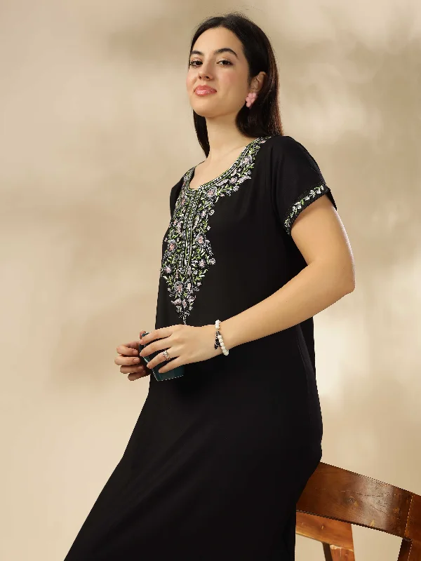 women's pajamas for those who seek ultimate relaxationLuxurious Black Alpine Nighty with Fancy Embroidery