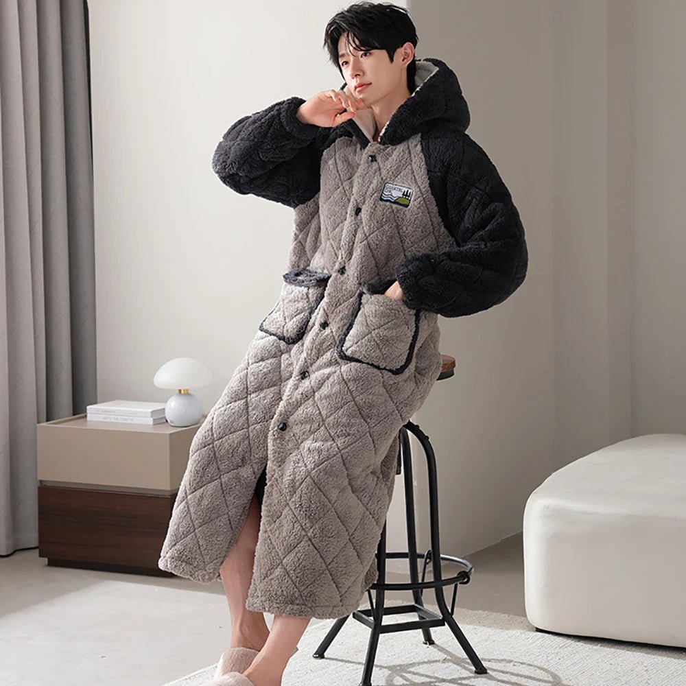 women's pajamas for those who seek cozy, all-night comfortWinter Flannel Plaid Men's Bathrobe 3-layer Thicken Hooded Warm Windproof Shower Robe Casual Comfortable Sleepwear Night Gown