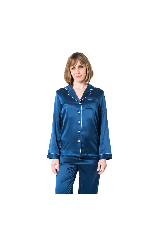 women's pajamas featuring animal printsWomen's Navy Blue Mulberry Silk Pajama Set