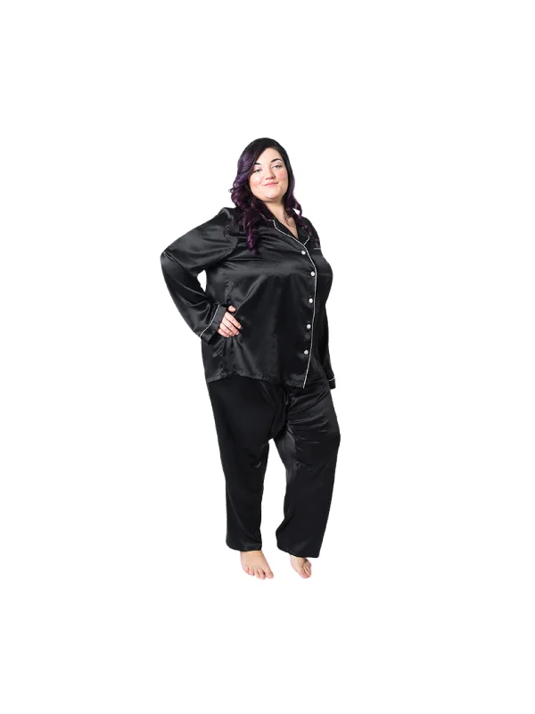 women's pajamas with pockets on the chestWomen's Plus Size Black Mulberry Silk Pajama Set